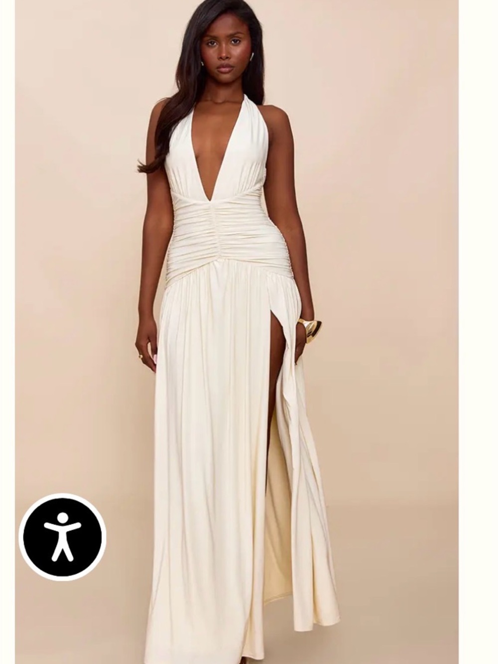 PrettyLittleThing Cream Backless Ruched Halter Maxi Dress
